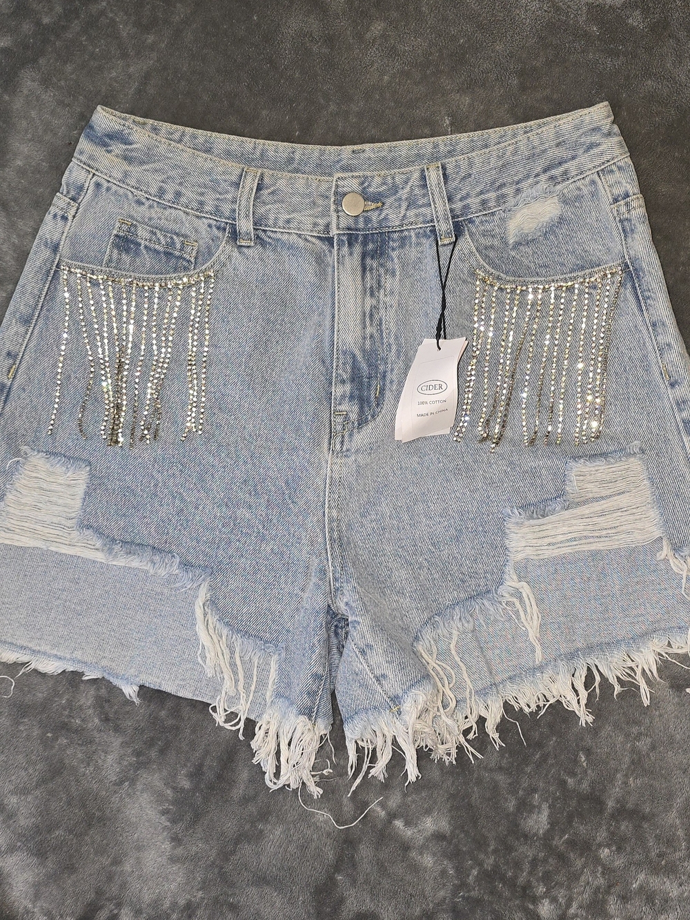 Cider Light Blue Denim Shorts with Crystal Fringe